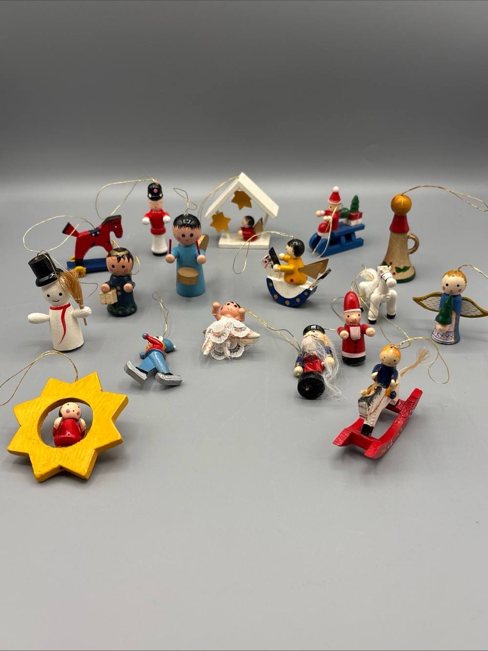 Mini Wooden Christmas Tree Ornaments Painted Tiny 2-inch Vintage Lot of 17